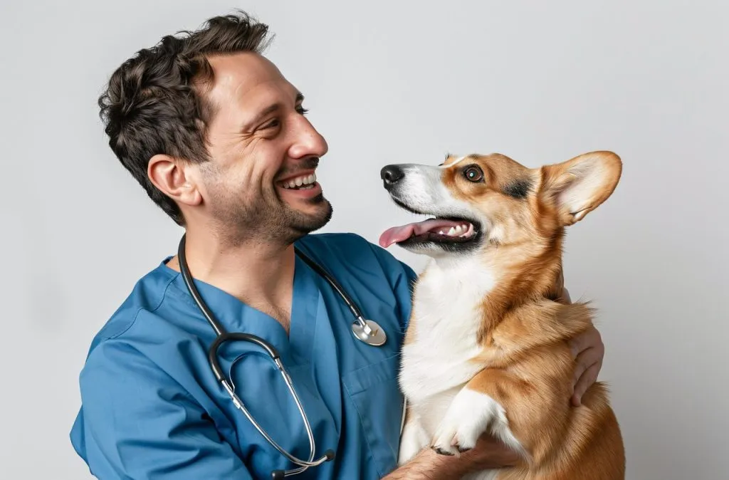 ai generated, dog, veterinarian, care, animal, pet, veterinary, joy, smiling, scrubs, healthcare, professional, animal-care, bonding, clinic, pet-care, wellness, nature, friendly, doctor, affection, treatment, canine, companionship, vet