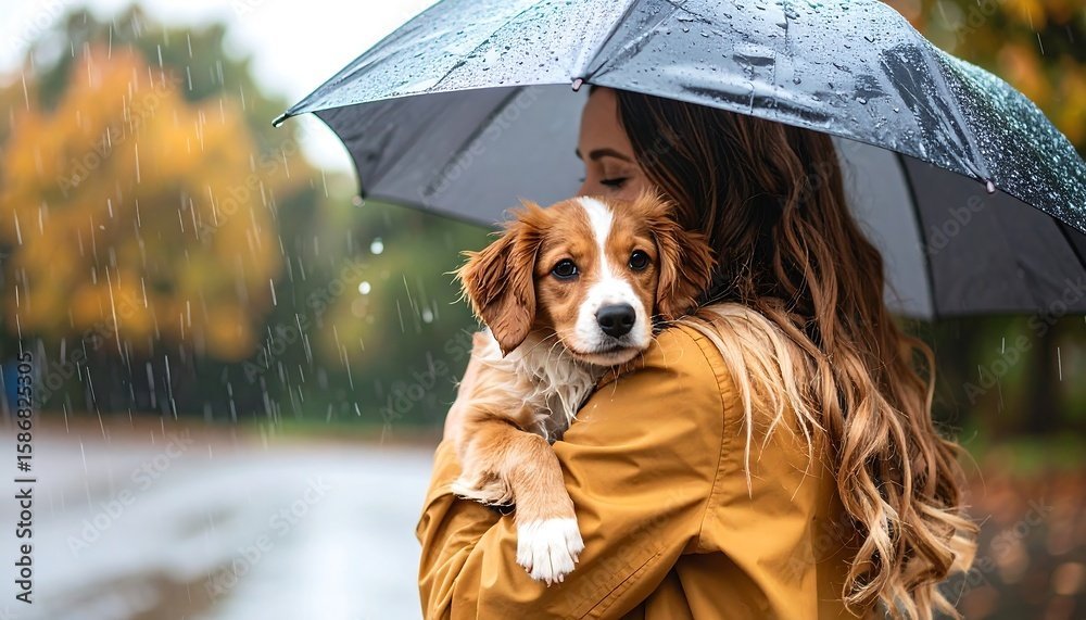 Woman and dog under umbrella in rain
