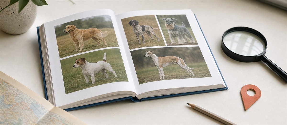 Open dog breed field guide with magnifying glass and map marker