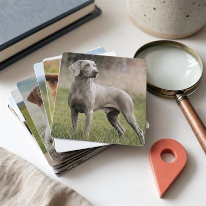 Dog breed photo cards with magnifying glass and map marker