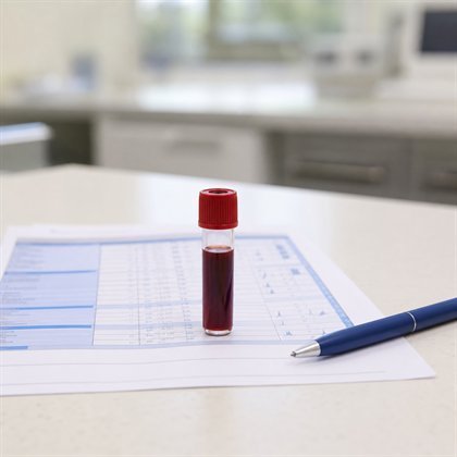 Blood sample tube on veterinary lab report with blue pen