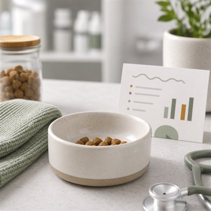 Dog food bowl and veterinary nutrition note on clean counter