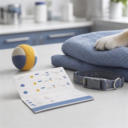 Puppy paw, collar, toy, and vaccination card on veterinary exam counter