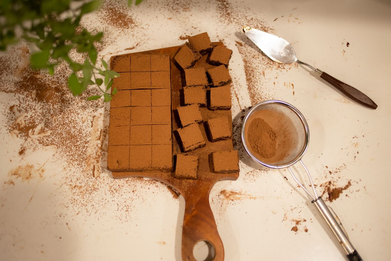 Chocolate brownies dusted with cocoa powder on a wooden board, a rich treat that pairs chocolate with fat