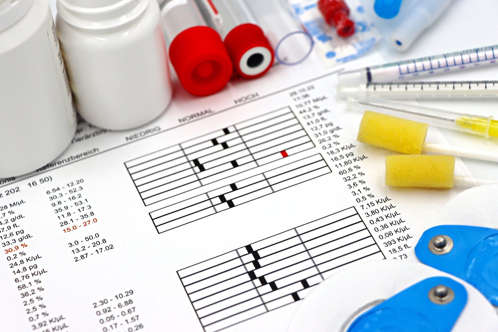 Veterinary bloodwork panel with test tubes and lab results