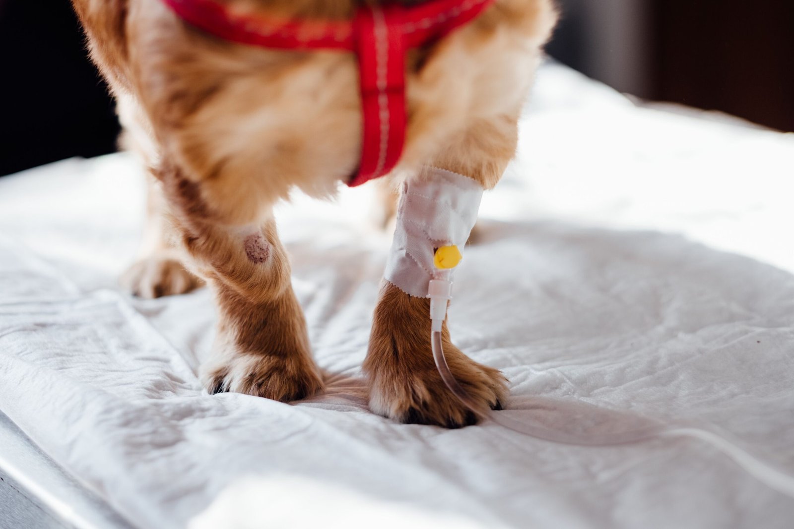 Dog with an IV line in its front leg standing on a hospital bed, the kind of fluid support used to treat chocolate poisoning in dogs