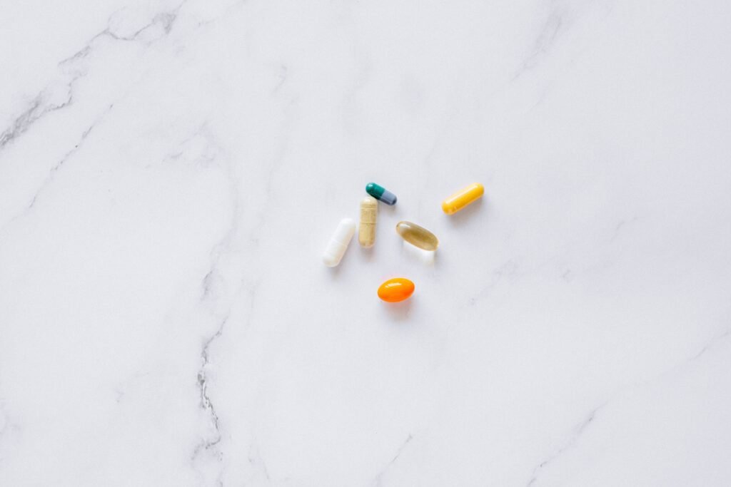 Assorted supplement capsules, similar to SAMe and antioxidant cognitive supplements for dogs