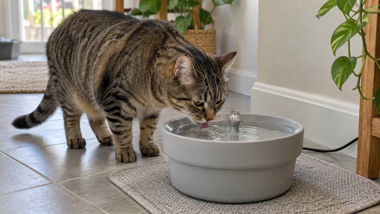 Brown tabby cat drinking from a low gray water fountain on a tiled floor