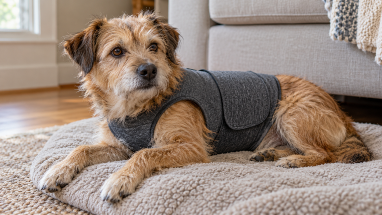 Scruffy tan dog resting on a mat in a gray pressure wrap beside a sofa