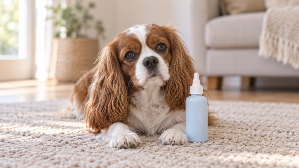 Chestnut-and-white spaniel resting on a rug beside an unbranded ear-cleaner bottle