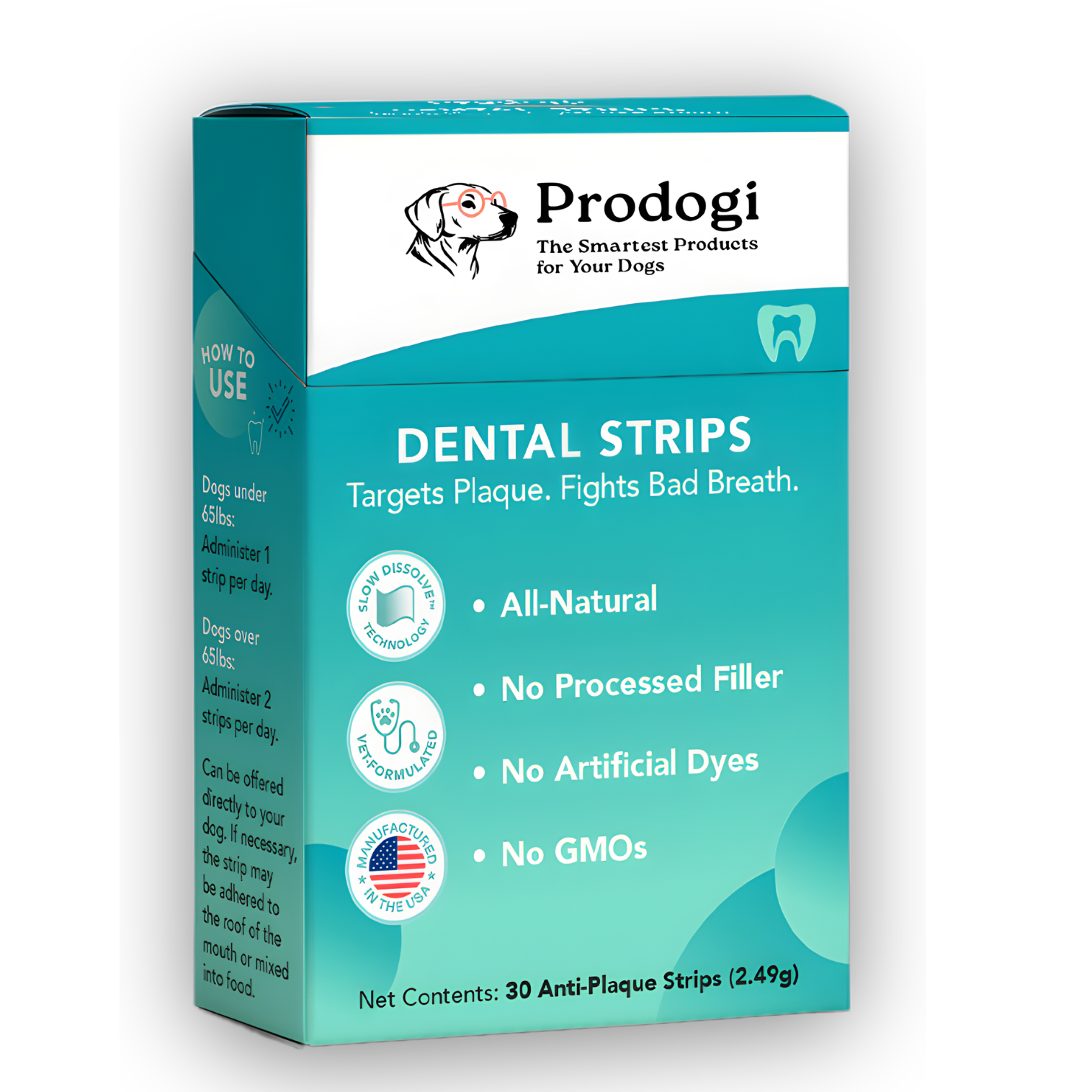 Teal Prodogi Dental Strips box reading Targets Plaque. Fights Bad Breath., with a how-to-use panel on its side and 30 strips inside