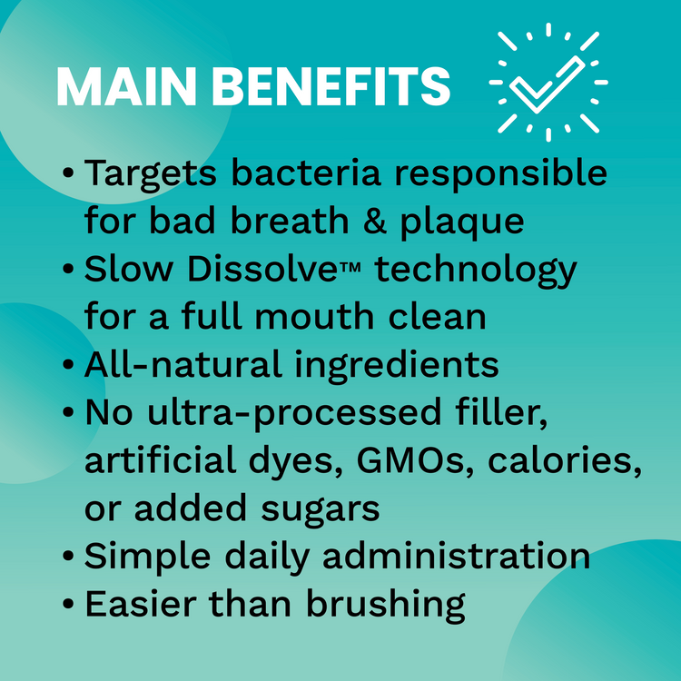 Prodogi graphic titled Main Benefits listing claims such as targeting bad-breath bacteria, a slow-dissolve full mouth clean, all-natural ingredients, and being easier than brushing