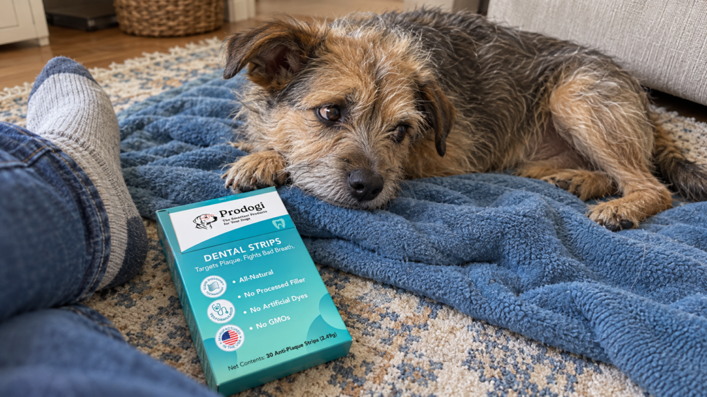 Scruffy terrier resting on a blue blanket beside its owner and a Prodogi Dental Strips box
