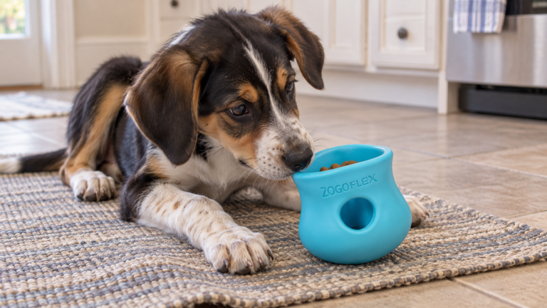 Tricolor puppy sniffing a blue treat-dispensing puzzle toy on a kitchen mat