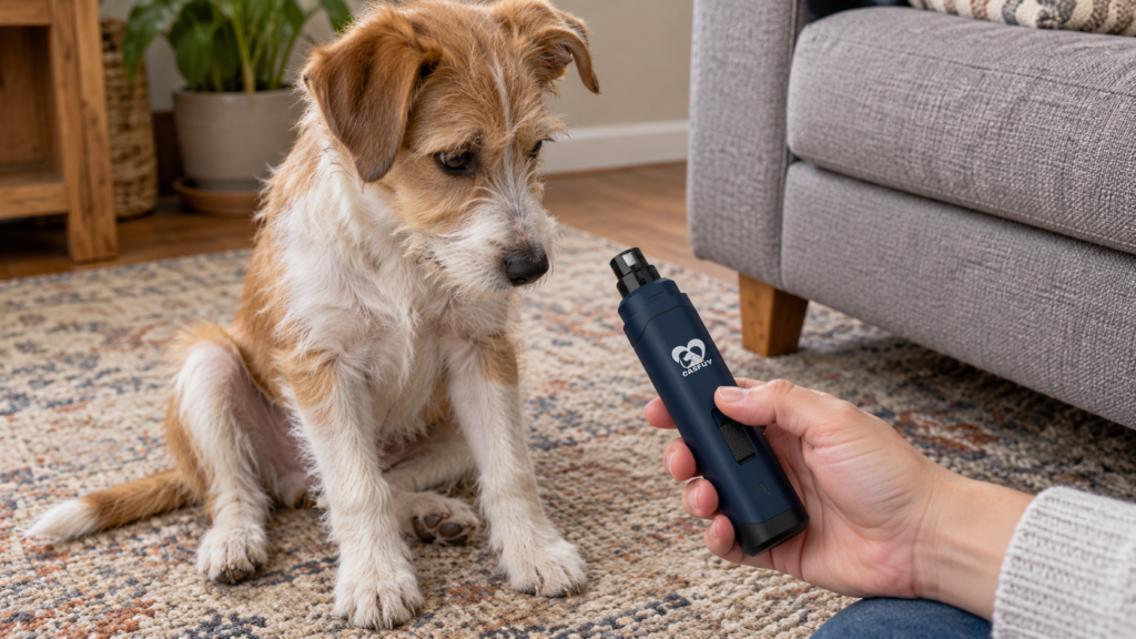 Tan-and-white puppy watching a blue nail grinder held by its owner