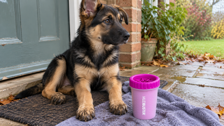 Black-and-tan puppy with muddy paws beside a pink paw-cleaner cup on a towel