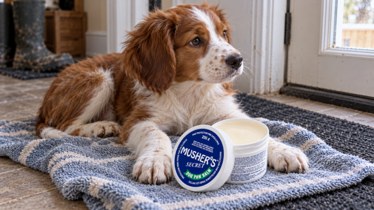 Chestnut-and-white puppy resting beside an open tub of paw wax by a back door