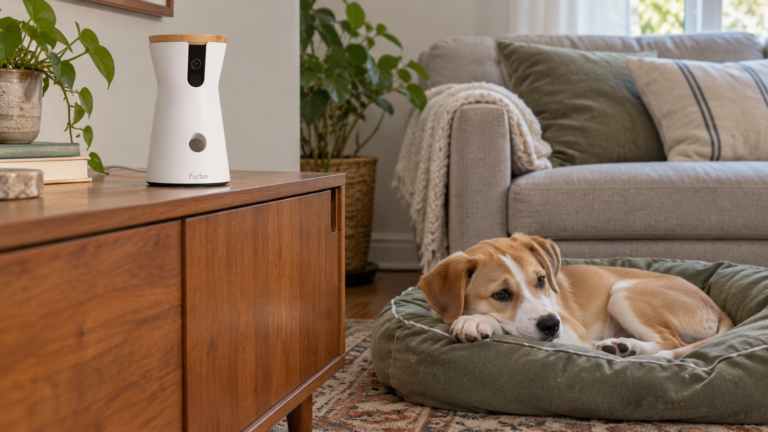 Fawn-and-white puppy resting in a dog bed near a pet camera on a cabinet