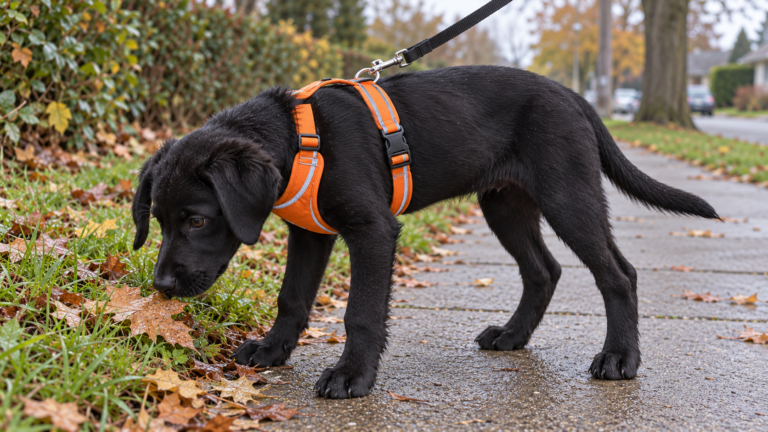 Black puppy sniffing fallen leaves beside a path while wearing an orange reflective harness