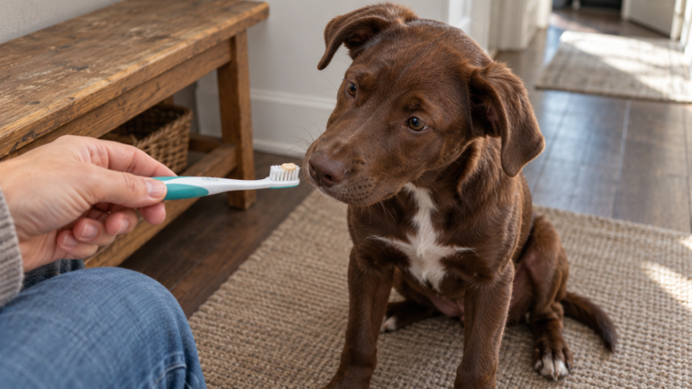 Brown puppy sniffing a soft toothbrush held by its owner