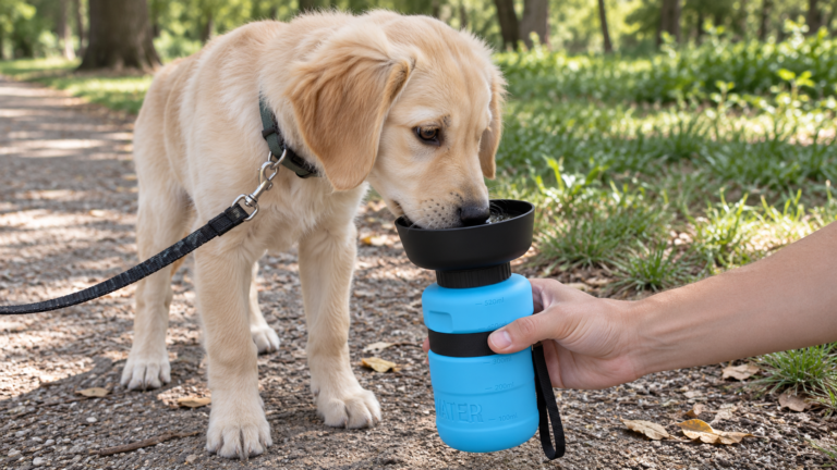 Cream puppy drinking from a blue portable dog water bottle held by its owner