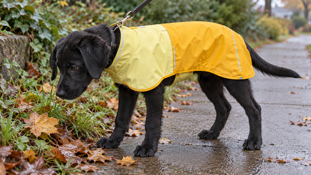 Black puppy wearing a yellow raincoat on a wet, leaf-strewn path