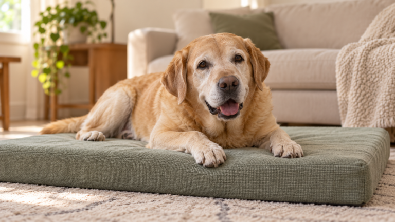 Older yellow dog with a white muzzle resting on a flat sage-green dog bed