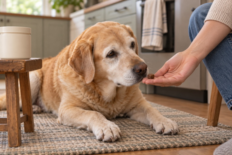 Older yellow dog sniffing a brown chew in its owner’s palm beside a plain supplement container